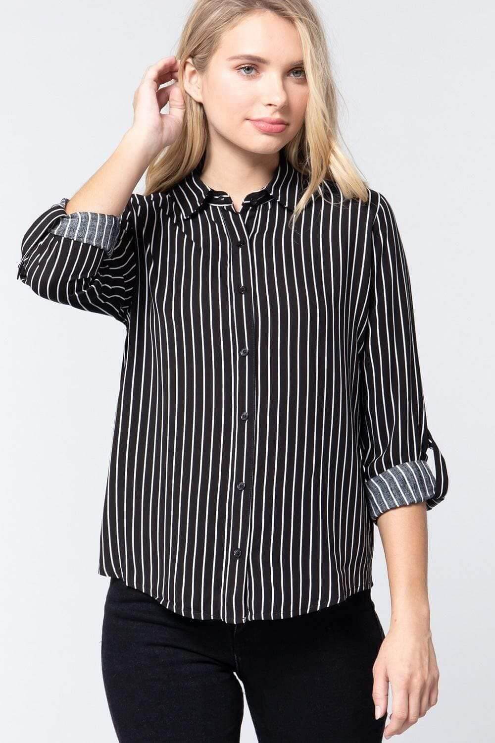 Black-White Roll Up Long Sleeve Stripe Shirt - Shopping Therapy L Shirts & Tops