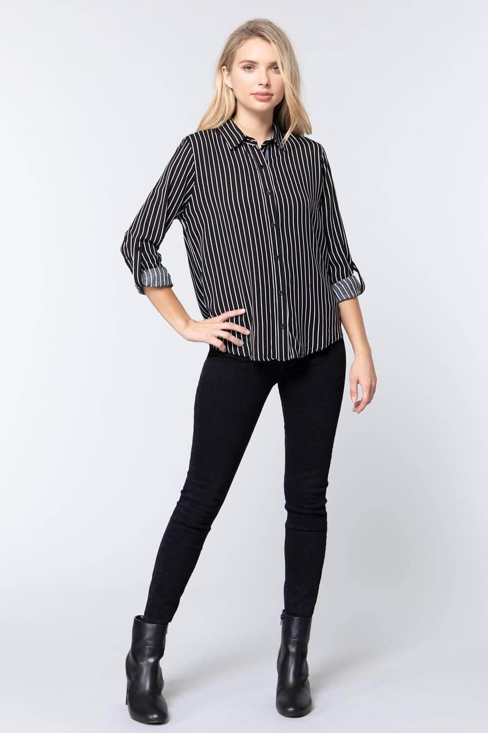 Black-White Roll Up Long Sleeve Stripe Shirt - Shopping Therapy S Shirts & Tops