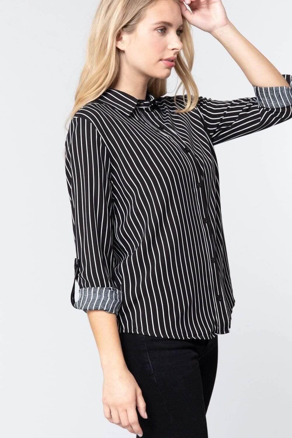 Black-White Roll Up Long Sleeve Stripe Shirt - Shopping Therapy Shirts & Tops