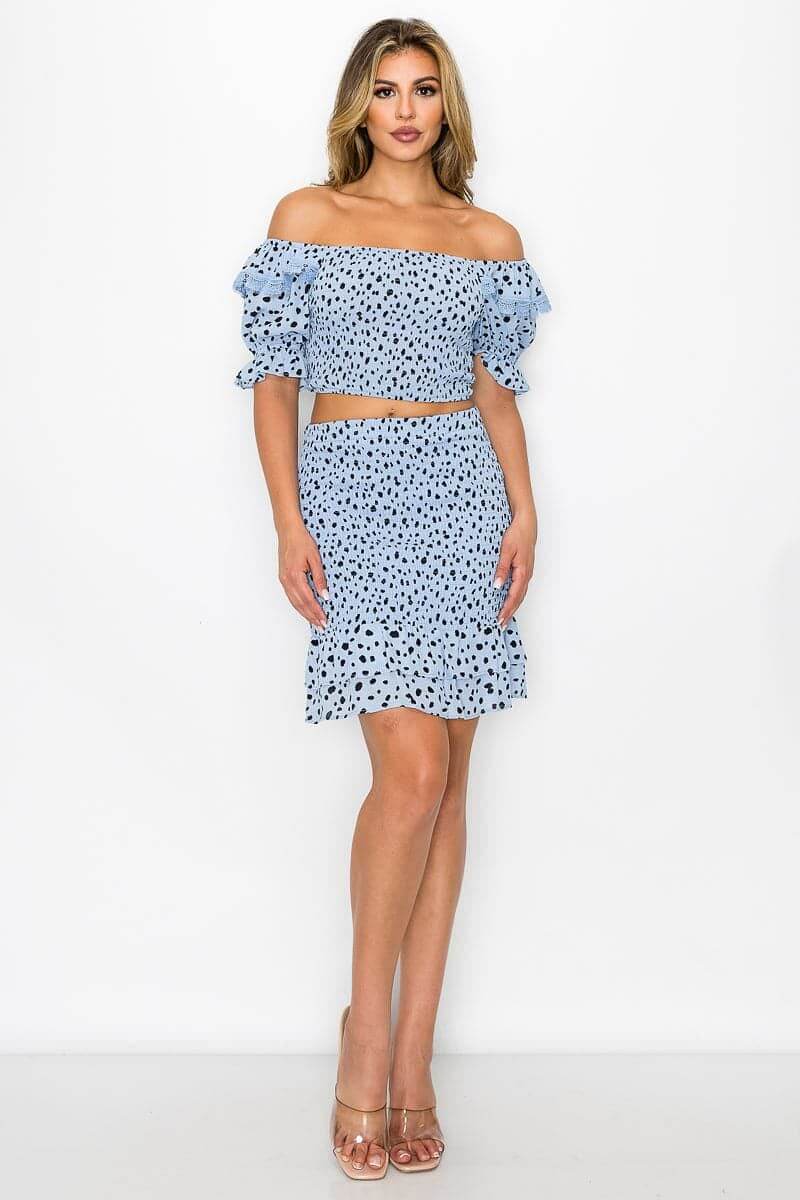 Blue 3/4 Ruffle Sleeve Polka Dot Top And Skirt Set - Shopping Therapy L Outfit Sets