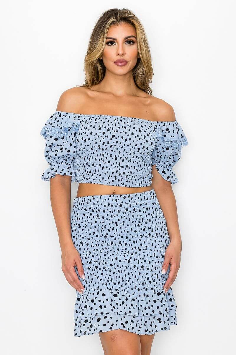 Blue 3/4 Ruffle Sleeve Polka Dot Top And Skirt Set - Shopping Therapy M Outfit Sets