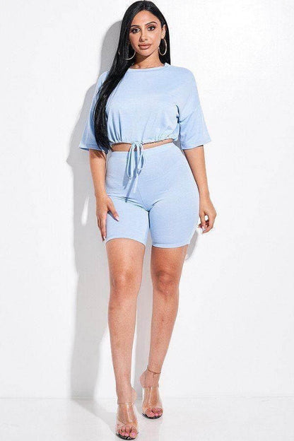 Blue 3/4 Sleeve Top And Biker Shorts - Shopping Therapy, LLC Outfit Sets