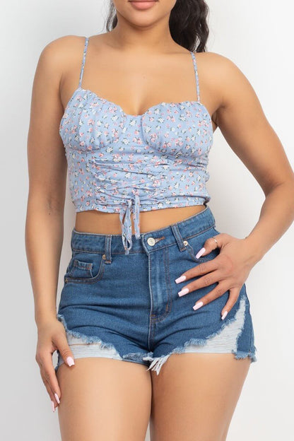 Blue Floral Spaghetti Strap Crop Top - Shopping Therapy, LLC Tops