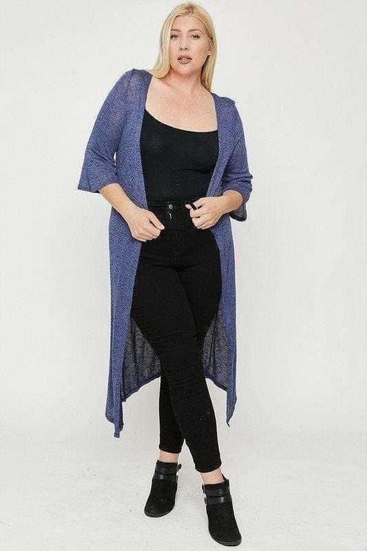Blue Plus Size 3/4 Sleeve Knit Cardigan - Shopping Therapy, LLC Cardigan