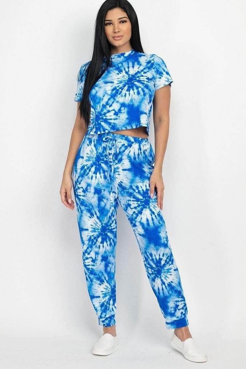 Blue Short Sleeve Tie-Dye Top And Pants Set - Shopping Therapy, LLC Sets