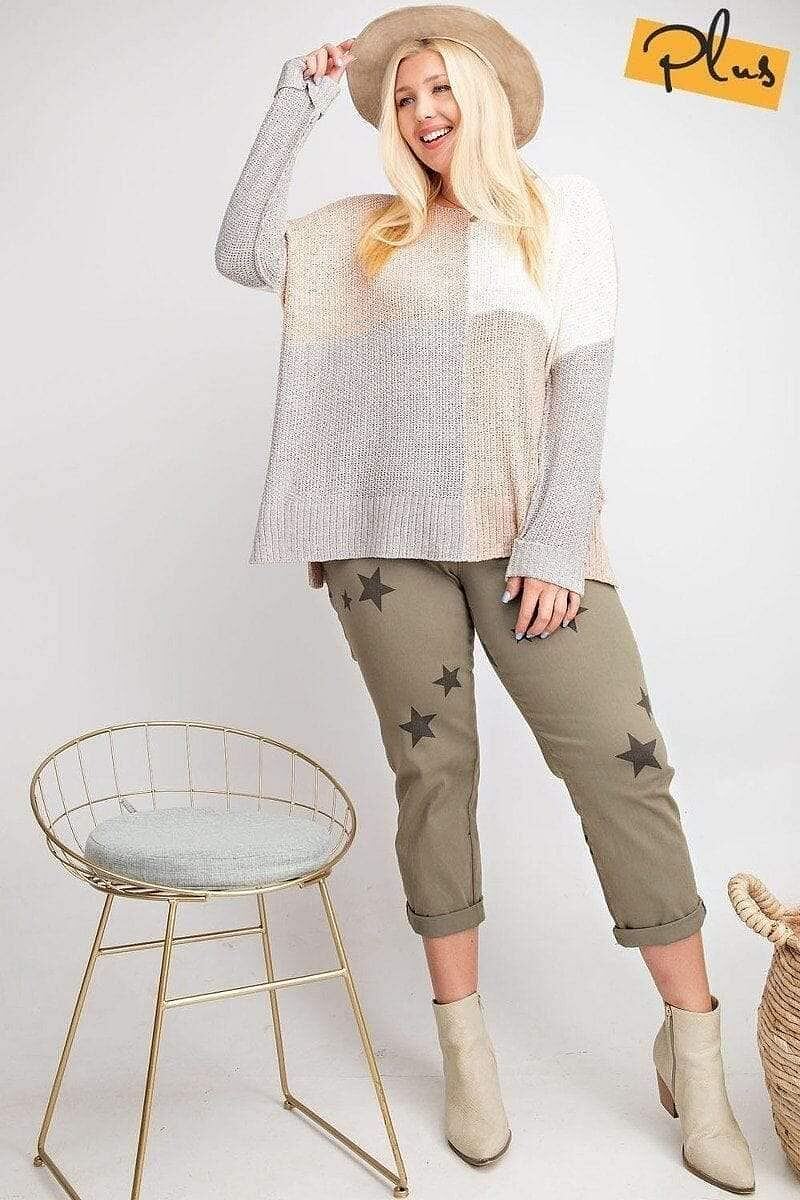 Blush-Gray Plus Size Long Sleeve Color Block Sweater - Shopping Therapy, LLC Sweater