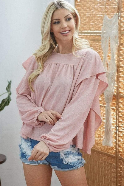 Blush Long Sleeve Rib Knitted Ruffle Top - Shopping Therapy, LLC Tops