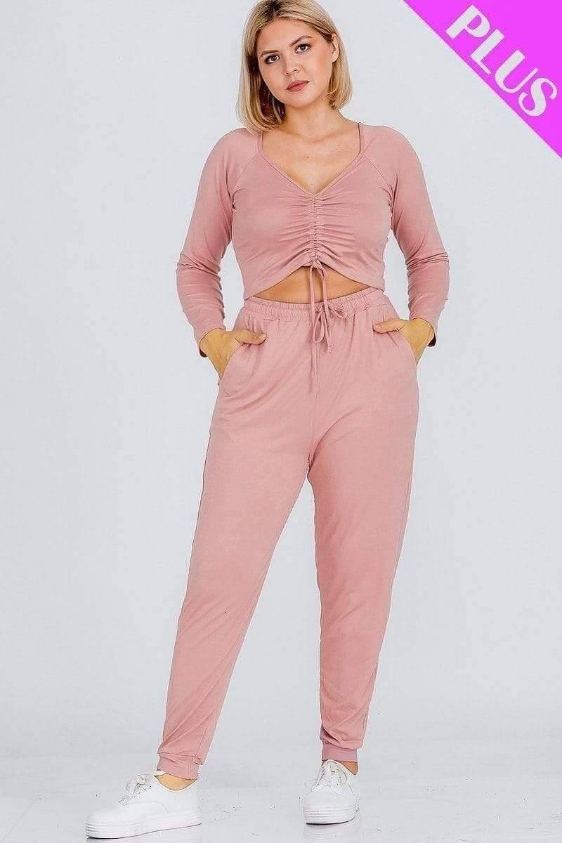 Blush Plus Size Ruched Top And Jogger Set - Shopping Therapy, LLC Athletic Wear