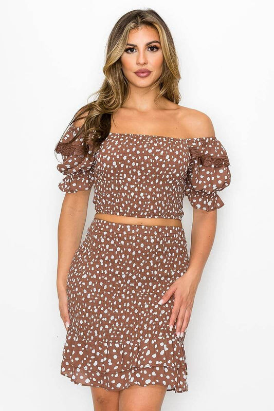 Brown 3/4 Ruffle Sleeve Polka Dot Top And Skirt Set - Shopping Therapy, LLC Outfit Sets
