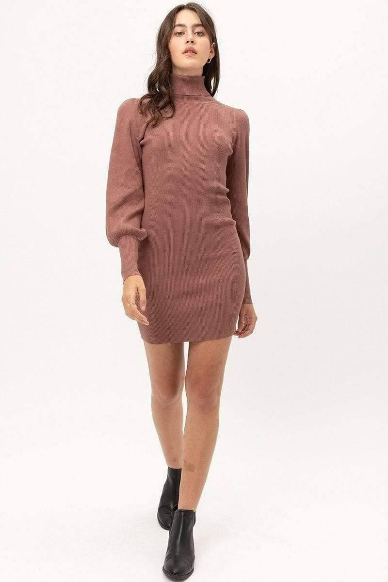 Brown Long Sleeve Turtleneck Sweater Dress - Shopping Therapy, LLC Dress