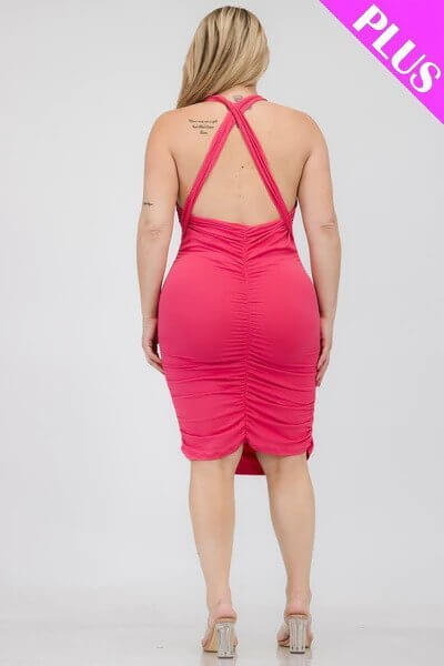 Brown Plus Size V-Neck Crisscross Back Bodycon Dress - Shopping Therapy, LLC Dress