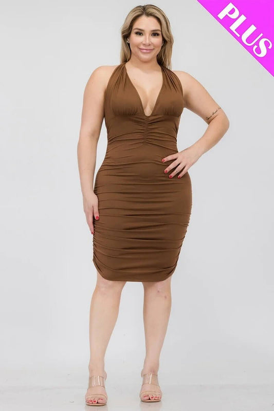 Brown Plus Size V-Neck Crisscross Back Bodycon Dress - Shopping Therapy, LLC Dress