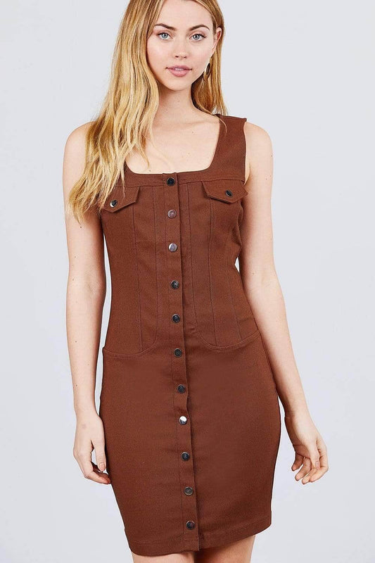 Brown Sleeveless Mini Dress With Front Buttons - Shopping Therapy, LLC Dress