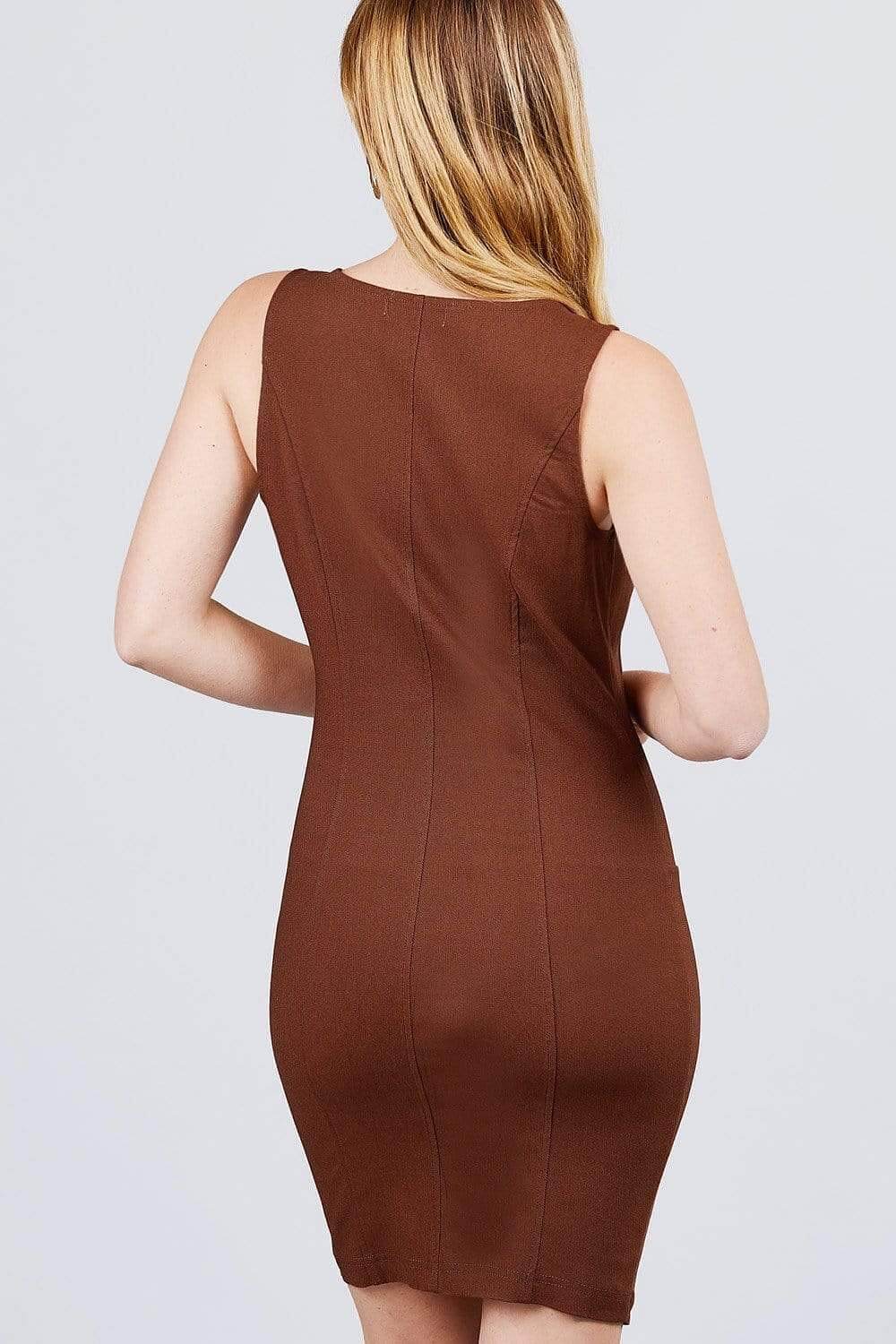 Brown Sleeveless Mini Dress With Front Buttons