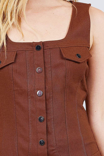 Brown Sleeveless Mini Dress With Front Buttons - Shopping Therapy, LLC Dress