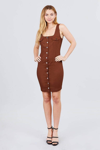 Brown Sleeveless Mini Dress With Front Buttons - Shopping Therapy, LLC Dress