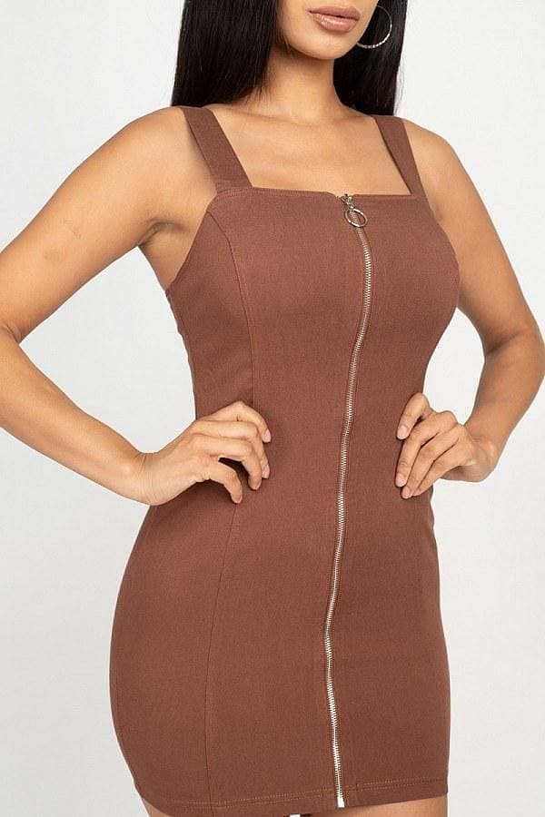Brown Sleeveless Open Back Mini Dress With Front Zipper - Shopping Therapy, LLC Dress