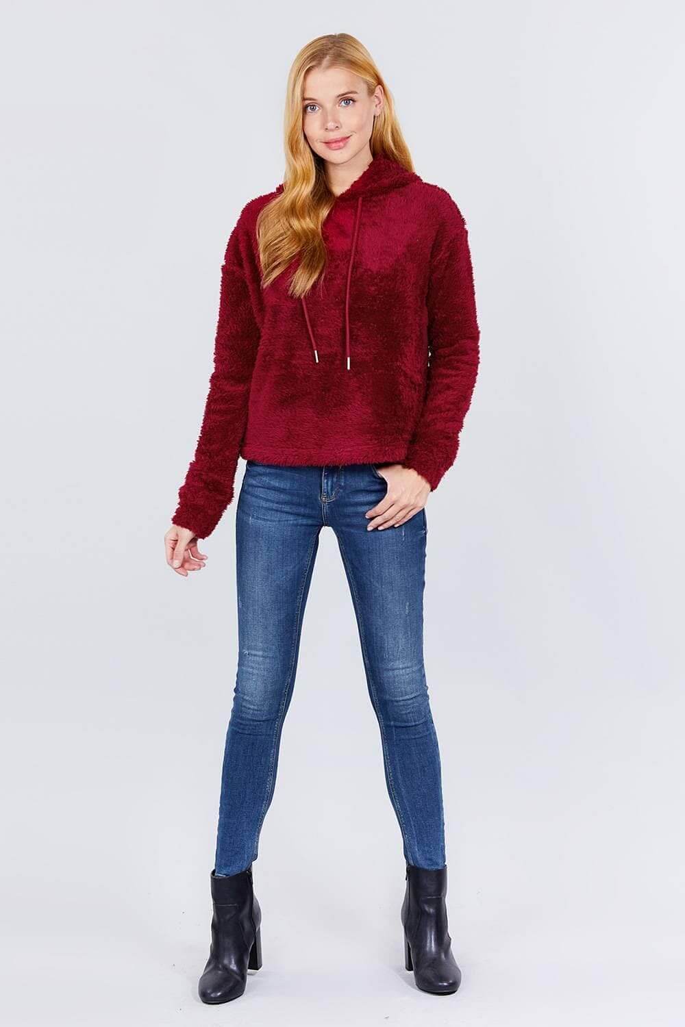 Burgundy Long Sleeve Faux Fur Sweater - Shopping Therapy Sweater