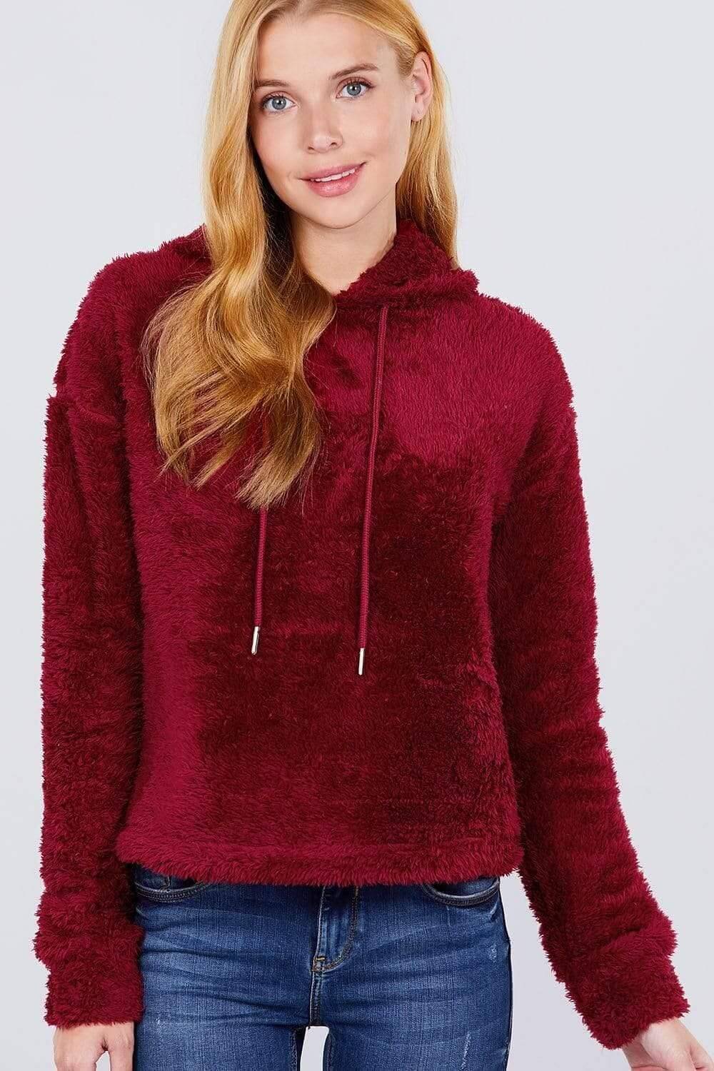 Burgundy Long Sleeve Faux Fur Sweater - Shopping Therapy, LLC Sweater