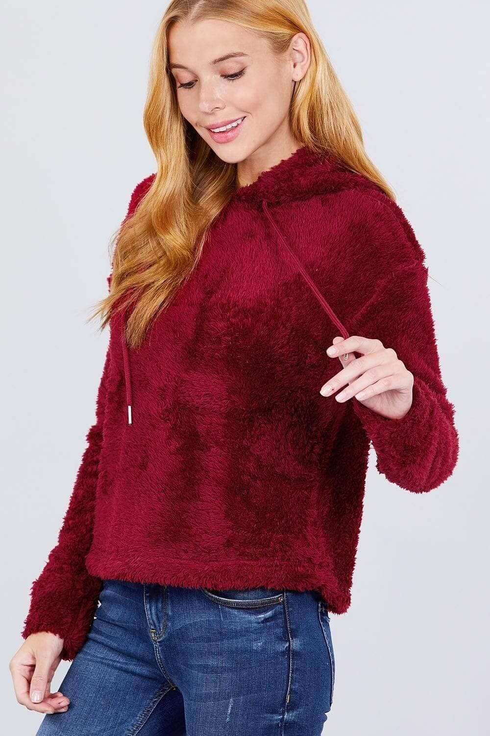 Burgundy Long Sleeve Faux Fur Sweater - Shopping Therapy, LLC Sweater