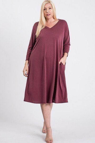 Burgundy Plus Size Midi Sleeve V-Neck Swing Dress - Shopping Therapy, LLC Dress