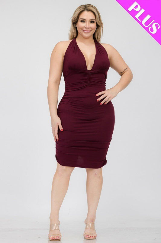 Plus Size V-Neck Burgundy Bodycon Dress - Shopping Therapy, LLC Dress