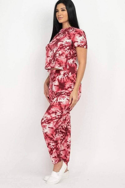 Burgundy Short Sleeve Tie-Dye Top And Pants Set - Shopping Therapy, LLC Outfit Sets