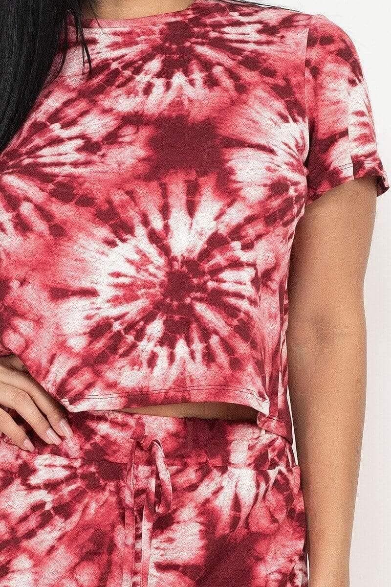 Burgundy Short Sleeve Tie-Dye Top And Pants Set - Shopping Therapy, LLC Outfit Sets