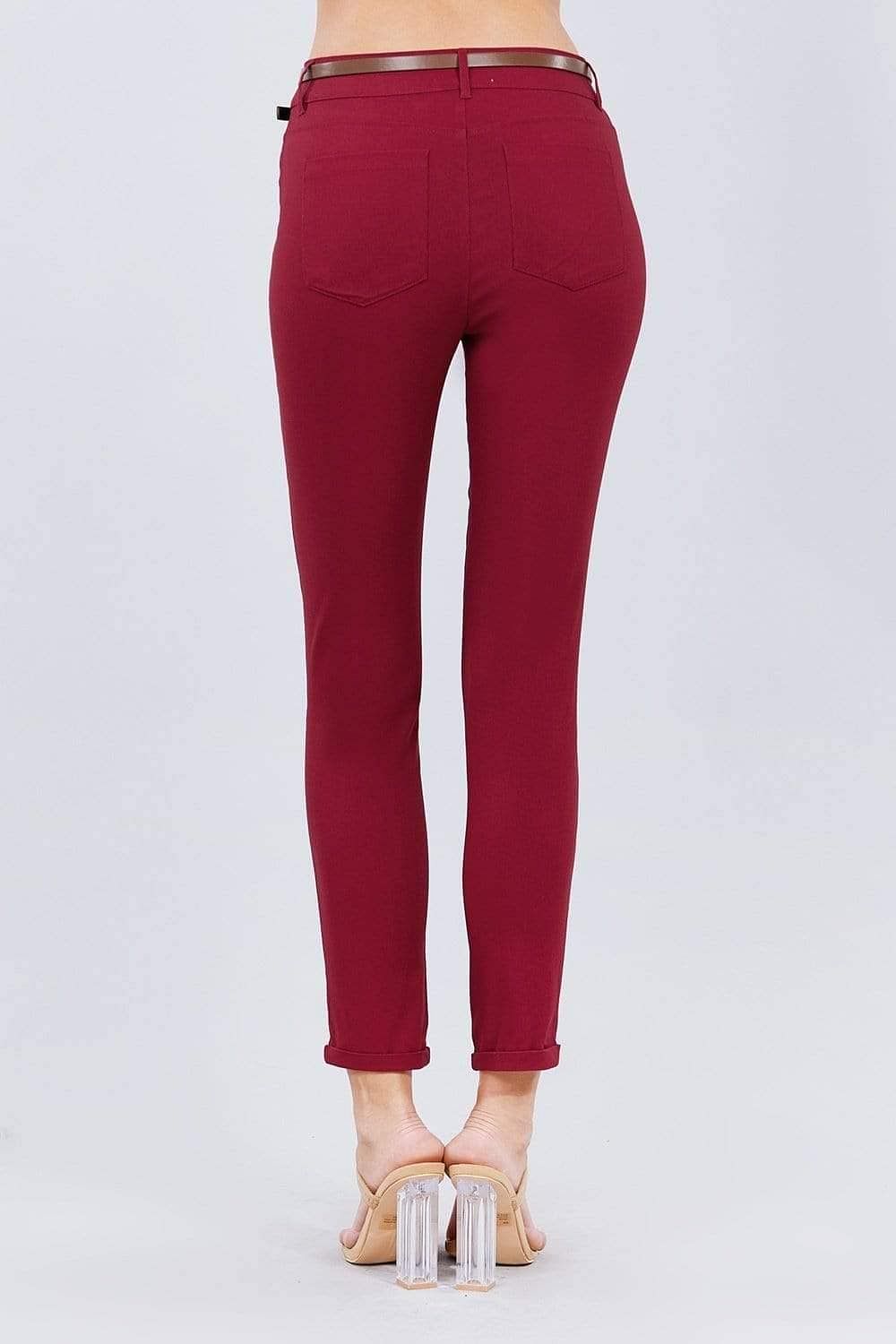 Burgundy Skinny Belted Long Pants - Shopping Therapy, LLC Dress pants