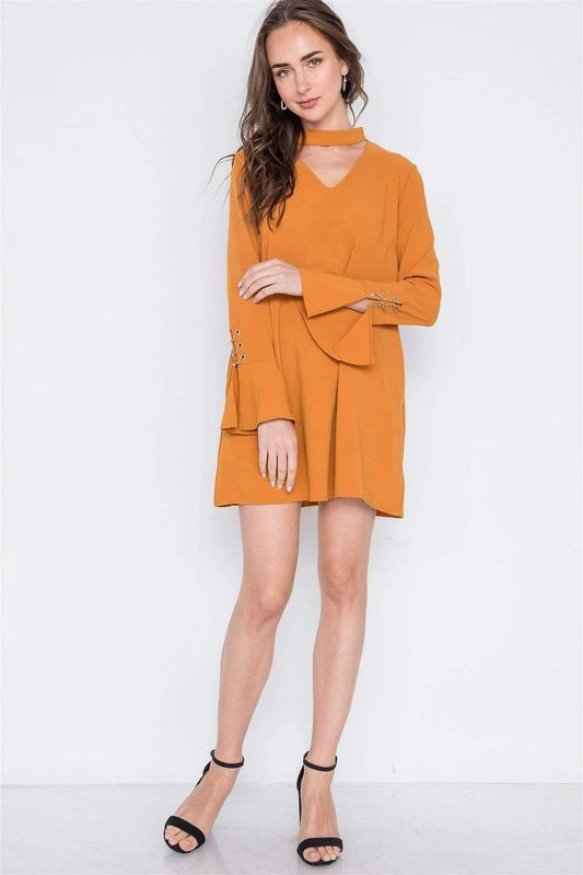 Camel Long Sleeve V-Neck Mini Dress - Shopping Therapy, LLC dress