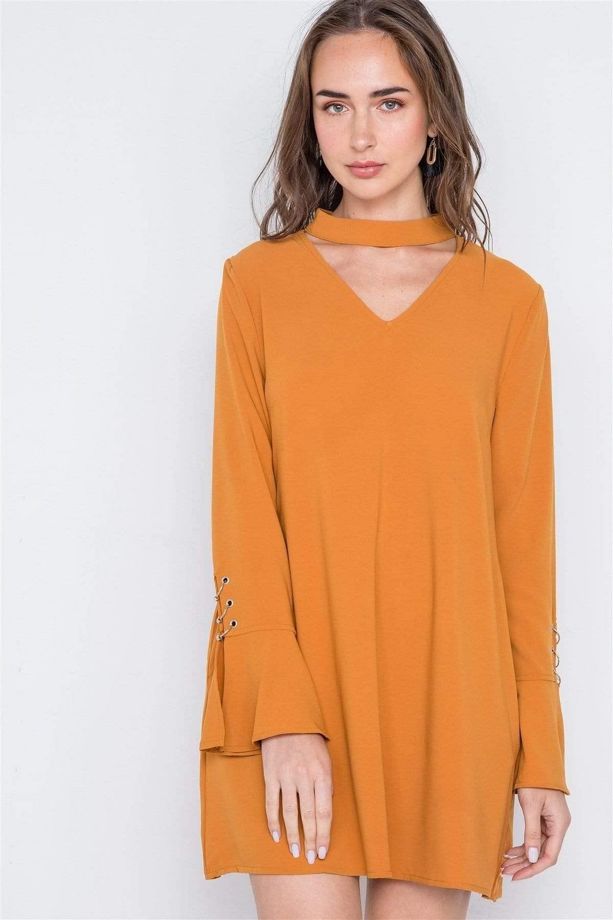 Camel Long Sleeve V-Neck Mini Dress - Shopping Therapy M dress