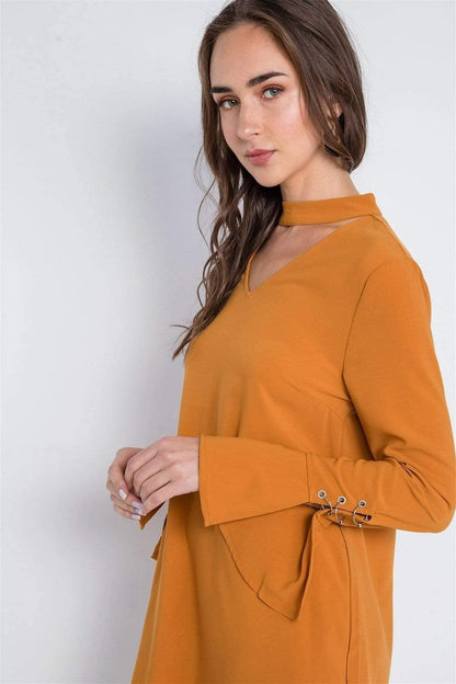 Camel Long Sleeve V-Neck Mini Dress - Shopping Therapy, LLC dress