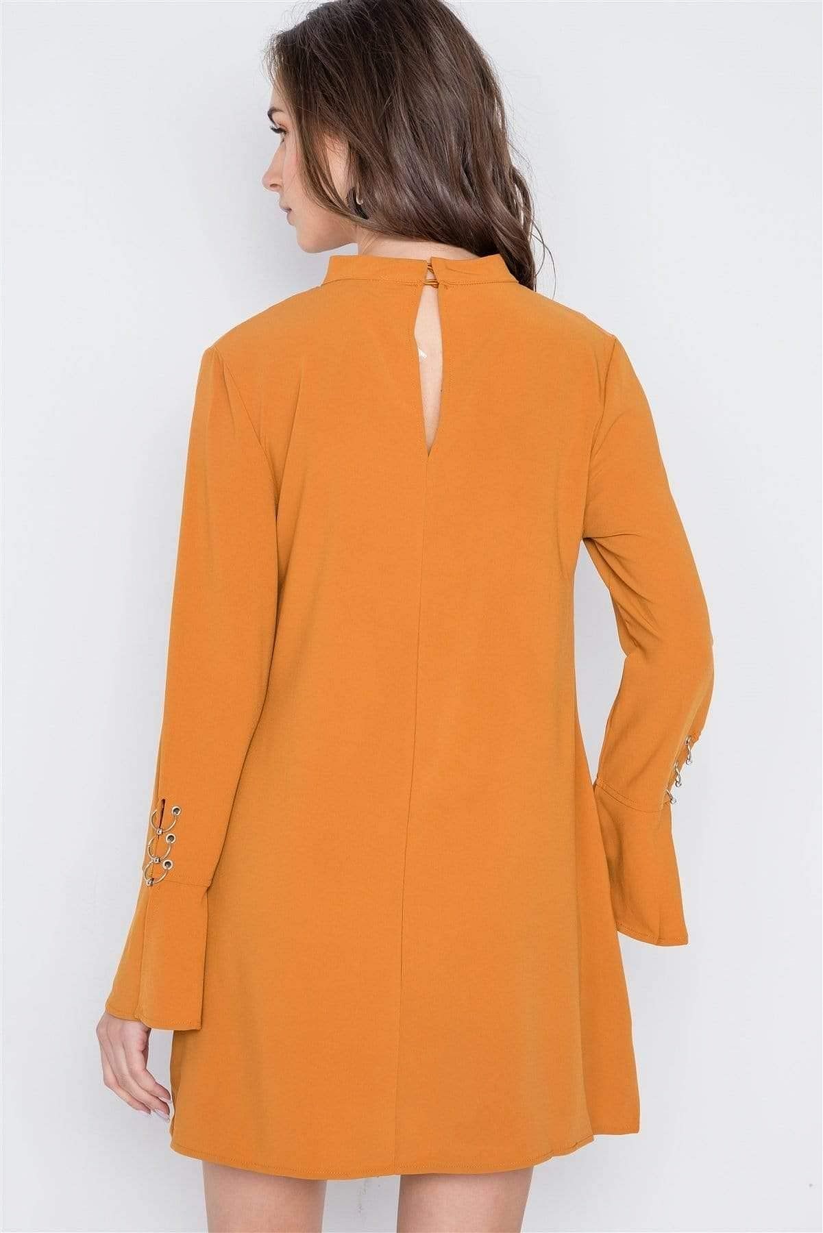 Camel Long Sleeve V-Neck Mini Dress - Shopping Therapy, LLC dress