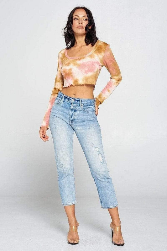 Copper Long Sleeve Tie Dye Crop Top - Shopping Therapy, LLC Top