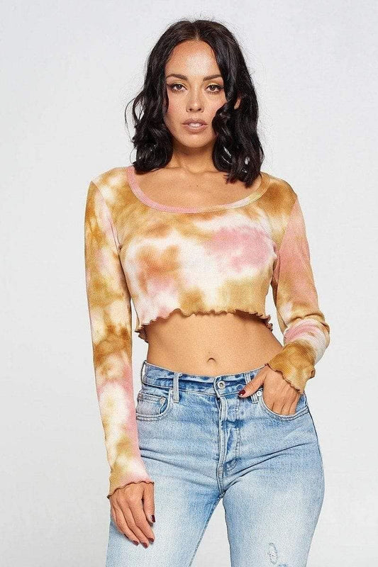 Copper Long Sleeve Tie Dye Crop Top - Shopping Therapy, LLC Top