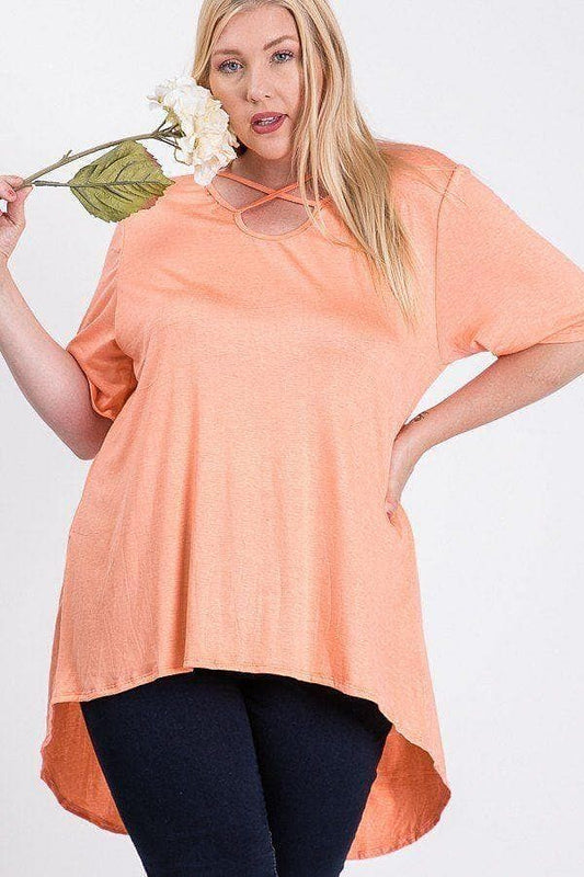 Coral 3/4 Sleeve Asymmetrical Plus Size Tunic - Shopping Therapy, LLC Top