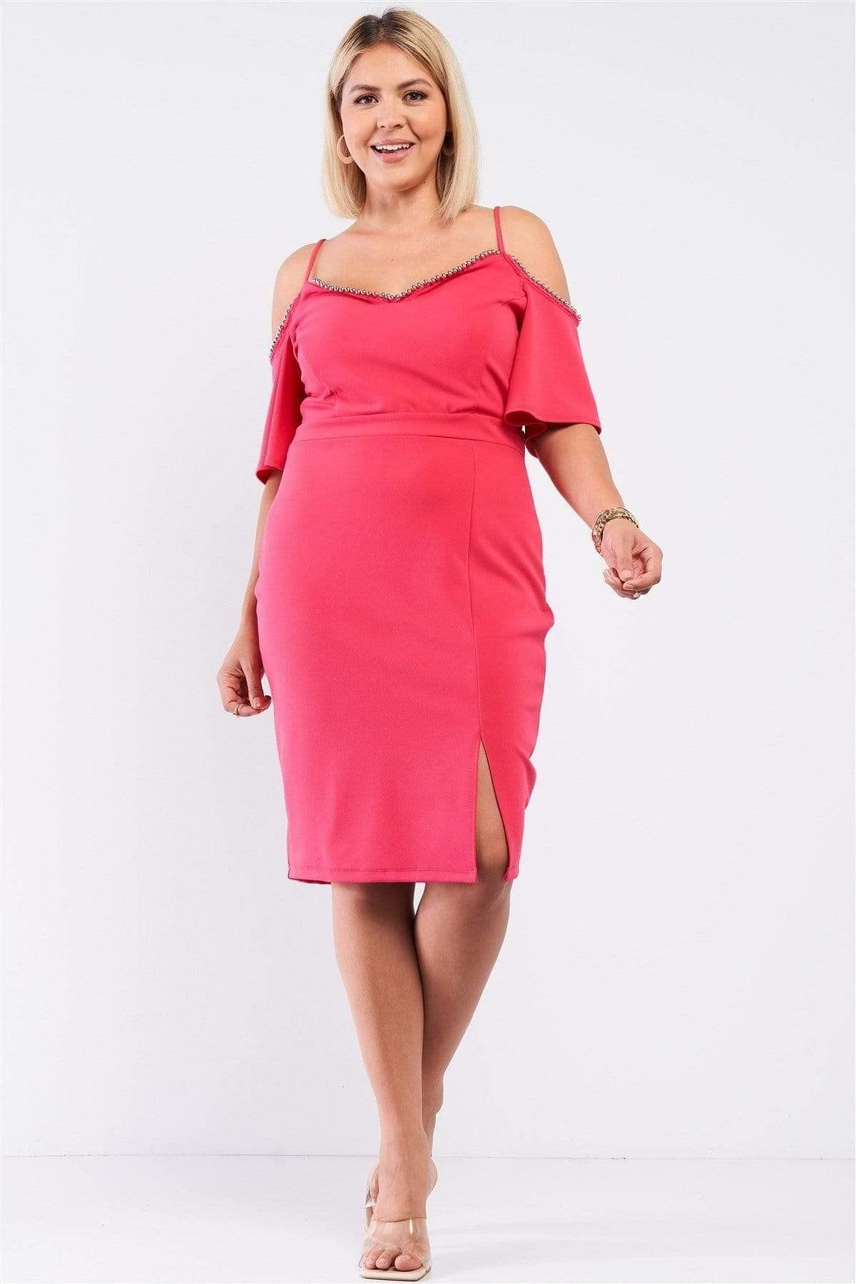 Coral 3/4 Sleeve Plus Size Off The Shoulder Midi Dress - Shopping Therapy, LLC Dress