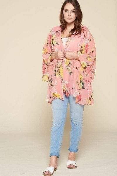 Coral-Floral Plus Size Long Sleeve Kimono - Shopping Therapy, LLC Tops