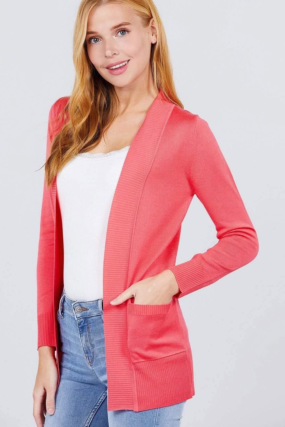 Coral Long Sleeve Open Front Rib Knit Cardigan - Shopping Therapy Cardigan