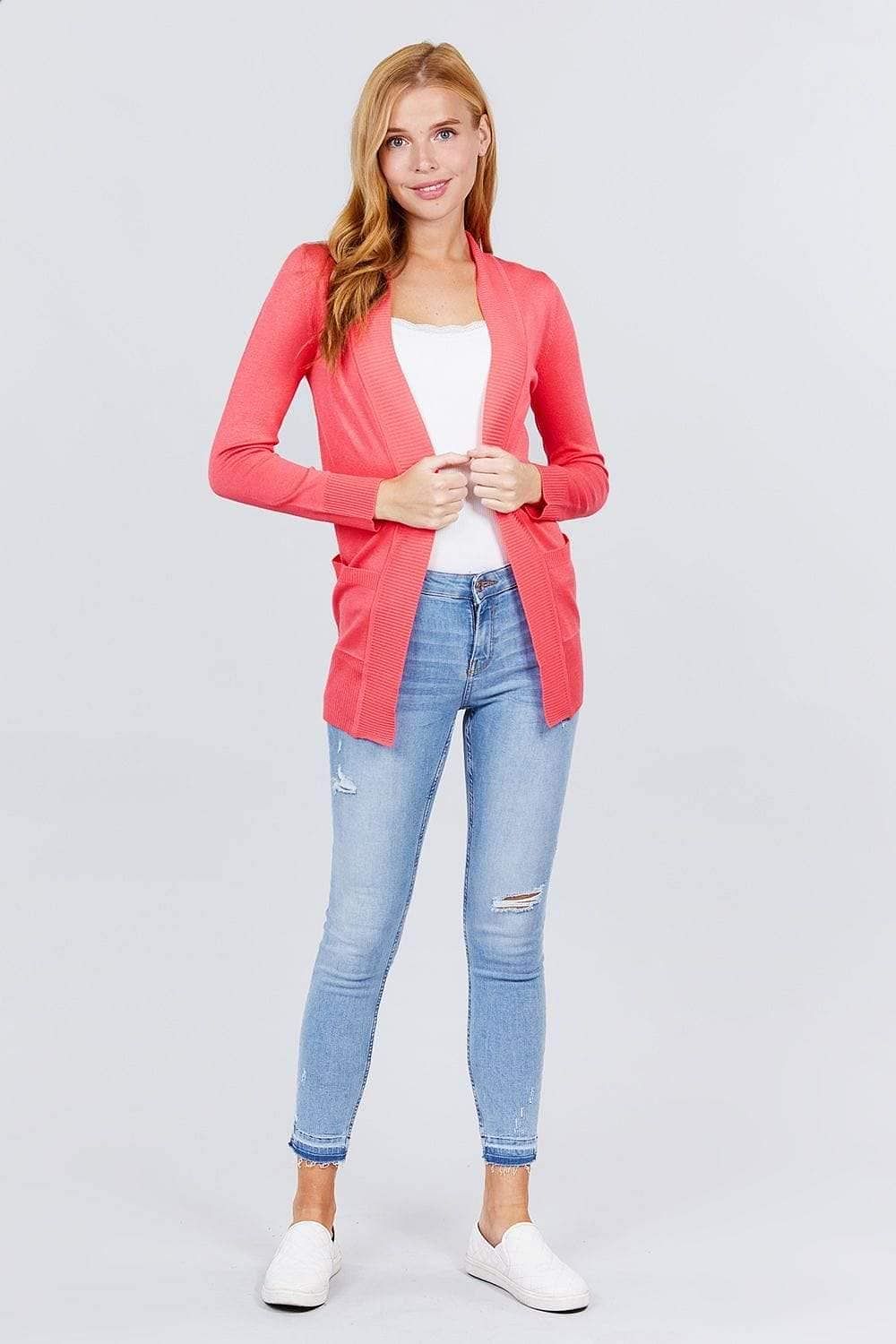 Coral Long Sleeve Open Front Rib Knit Cardigan - Shopping Therapy M Cardigan