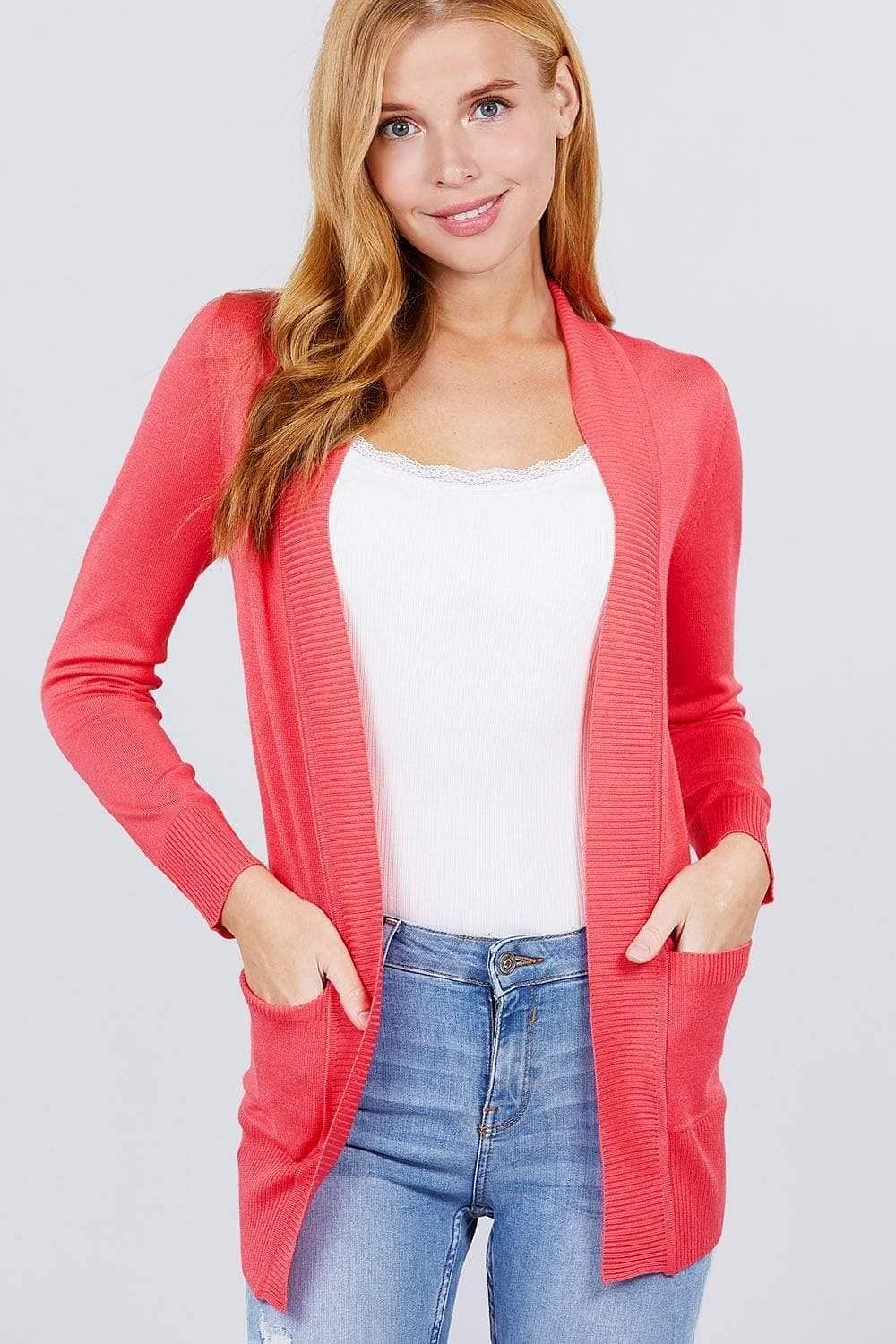 Coral Long Sleeve Open Front Rib Knit Cardigan - Shopping Therapy S Cardigan
