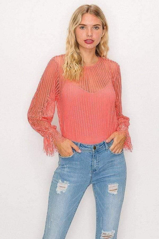 Coral Long Sleeve Stripe Lace Bodysuit - Shopping Therapy, LLC Top