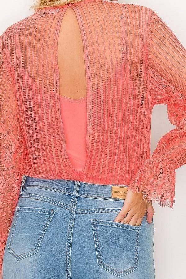 Coral Long Sleeve Stripe Lace Bodysuit - Shopping Therapy S Top