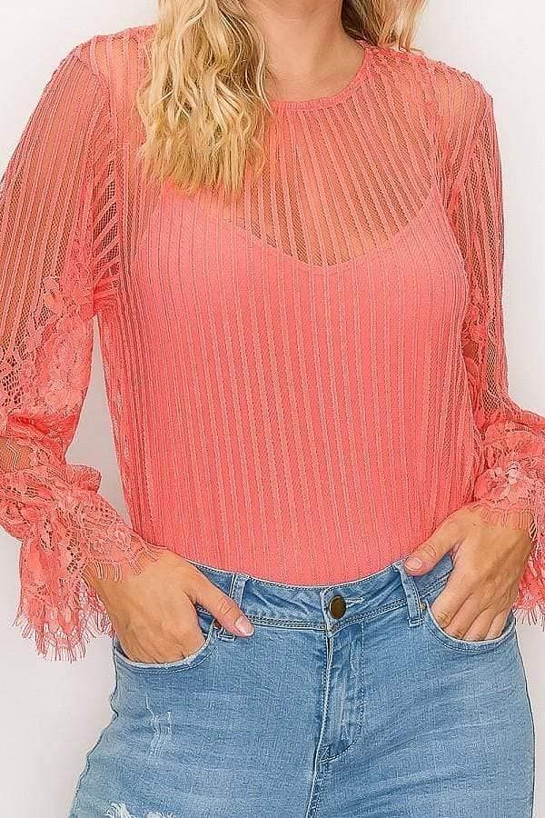 Coral Long Sleeve Stripe Lace Bodysuit - Shopping Therapy M Top