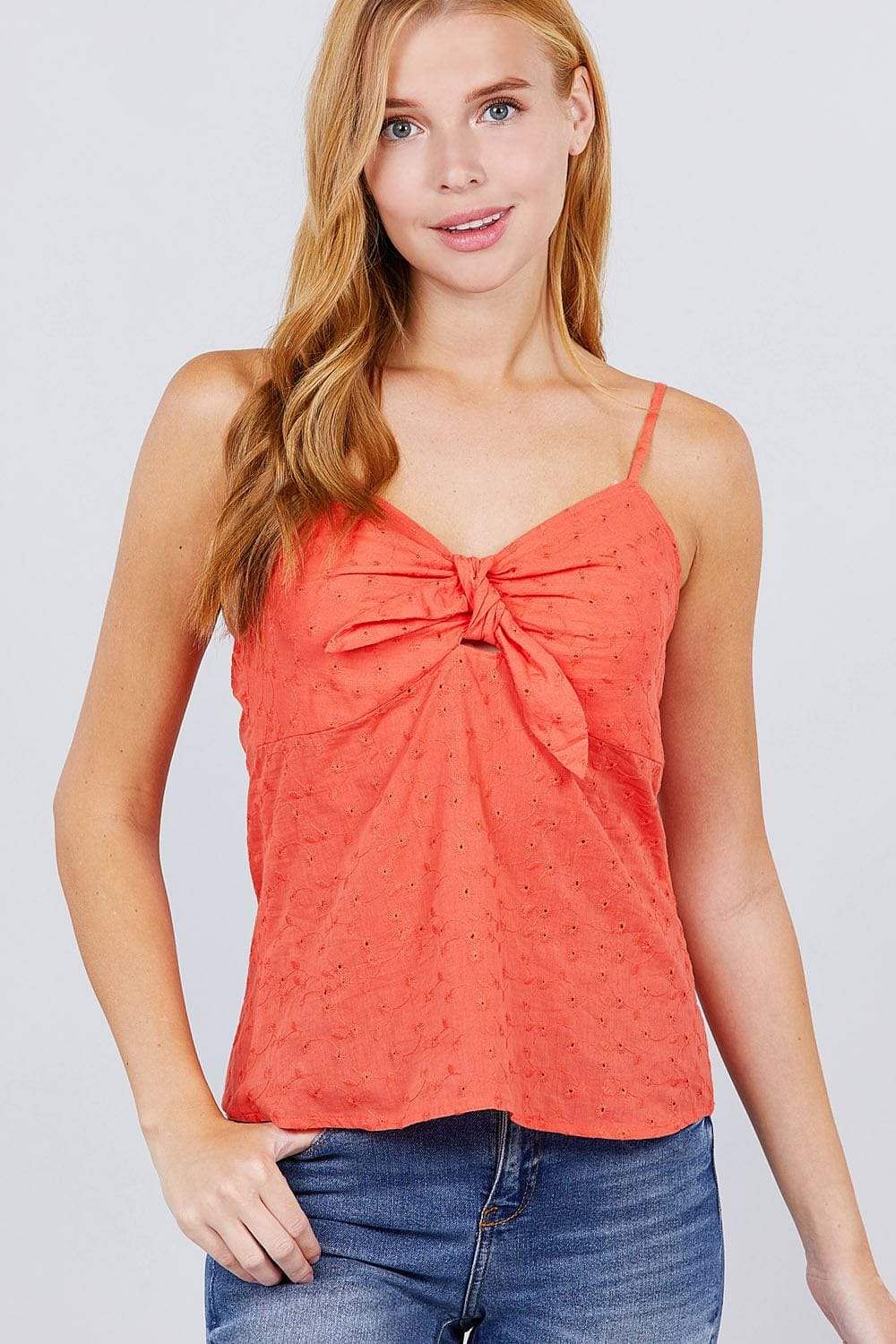 Coral Spaghetti Strap Front Tie V-Neck Cami - Shopping Therapy, LLC Top