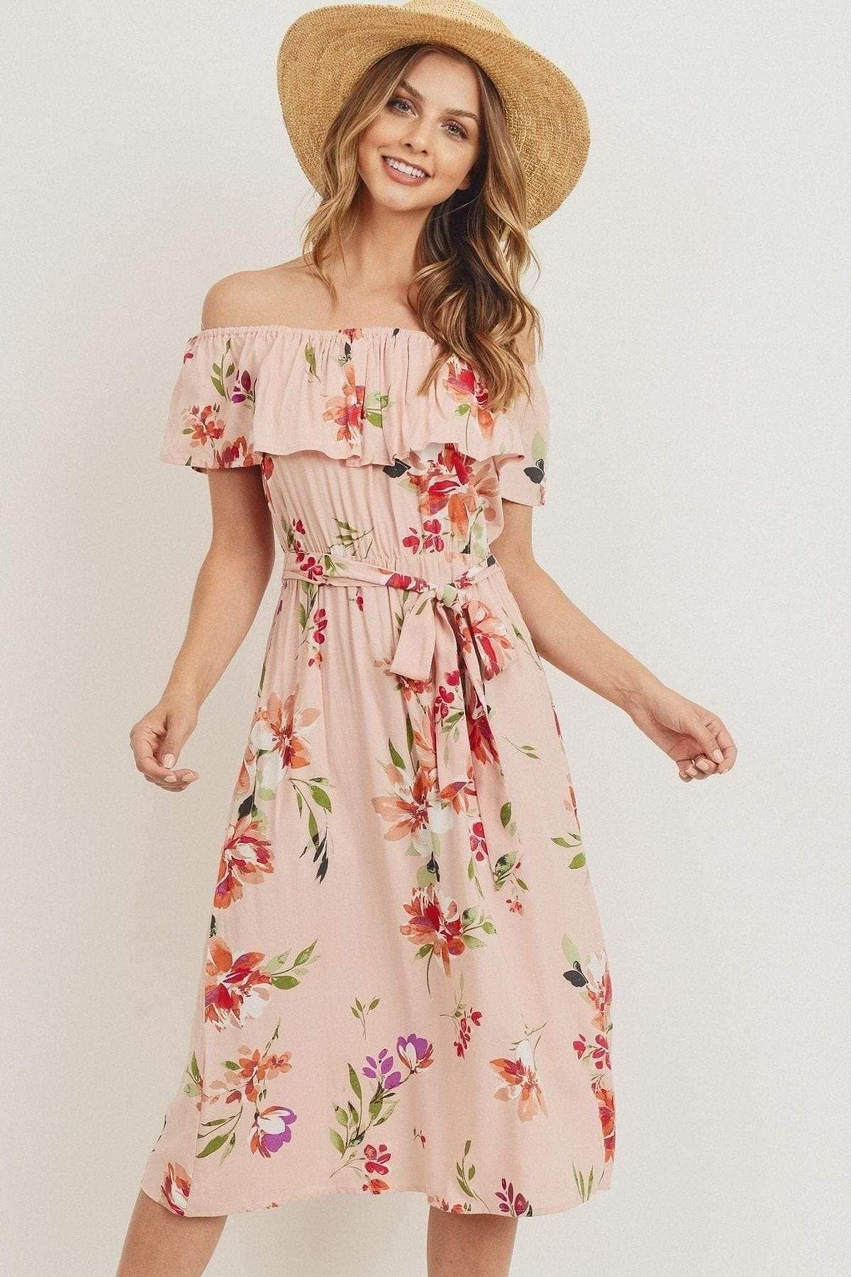 Cream Off The Shoulder Floral Dress - Shopping Therapy, LLC Dress