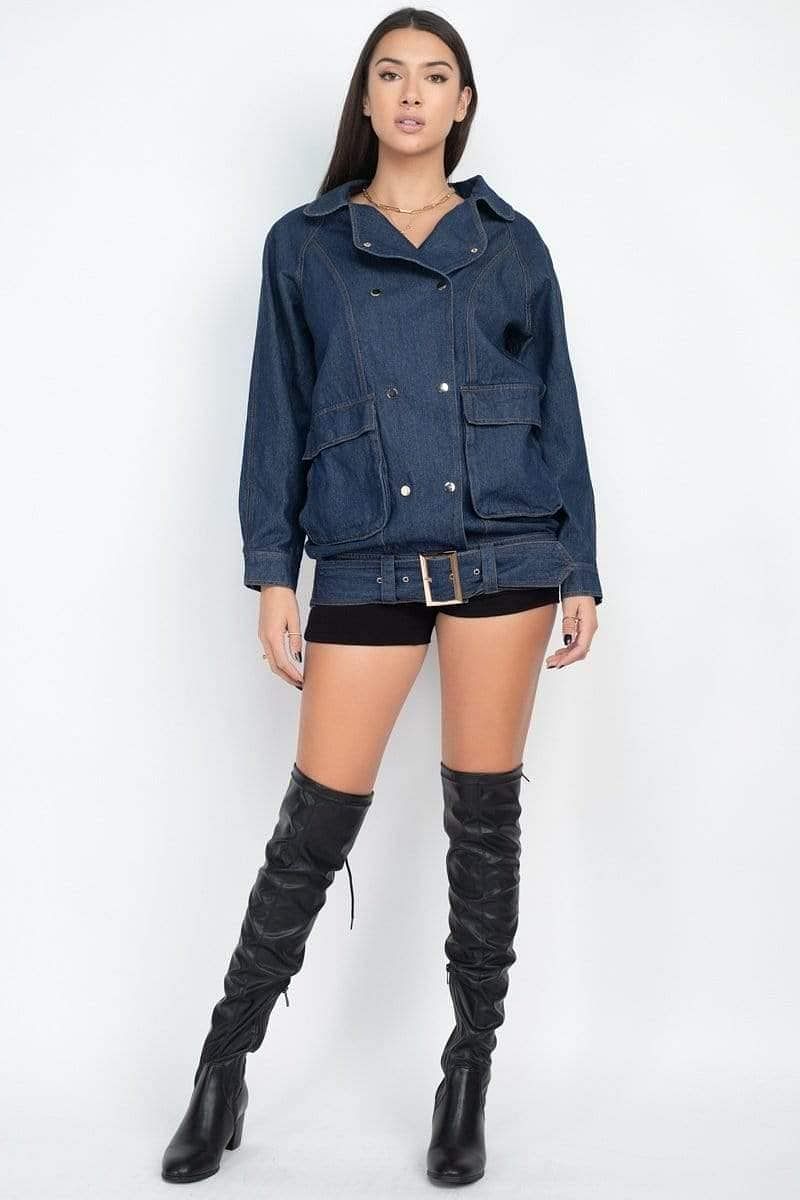 Dark Denim Long Sleeve Belted Jacket - Shopping Therapy L Jacket