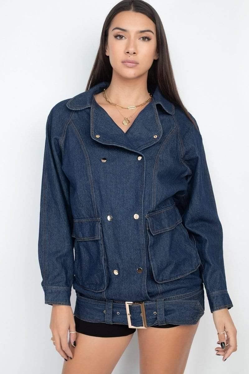 Dark Denim Long Sleeve Belted Jacket - Shopping Therapy S Jacket
