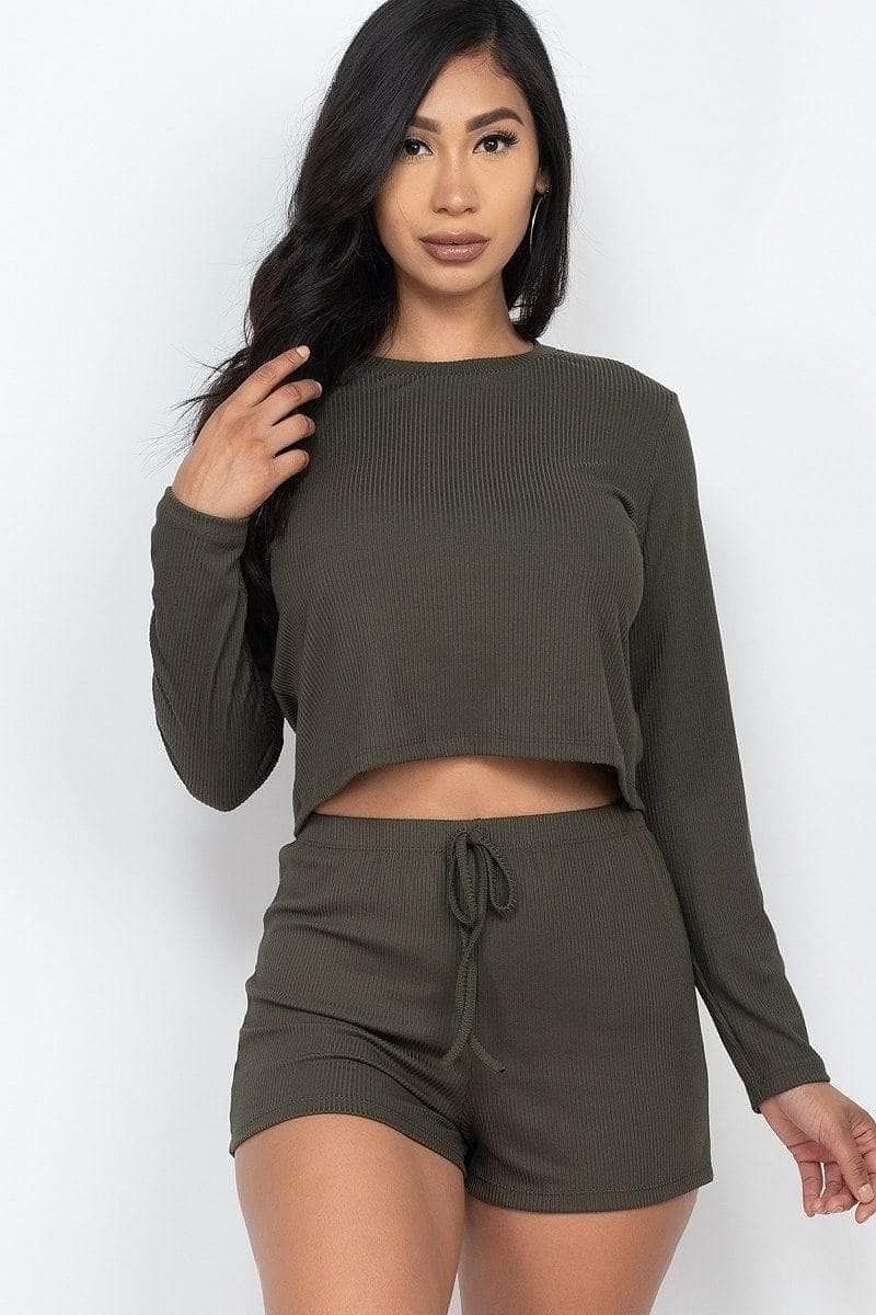 Dark Olive Long Sleeve Top And Shorts Set - Shopping Therapy S Outfit Sets