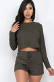 Dark Olive Long Sleeve Top And Shorts Set